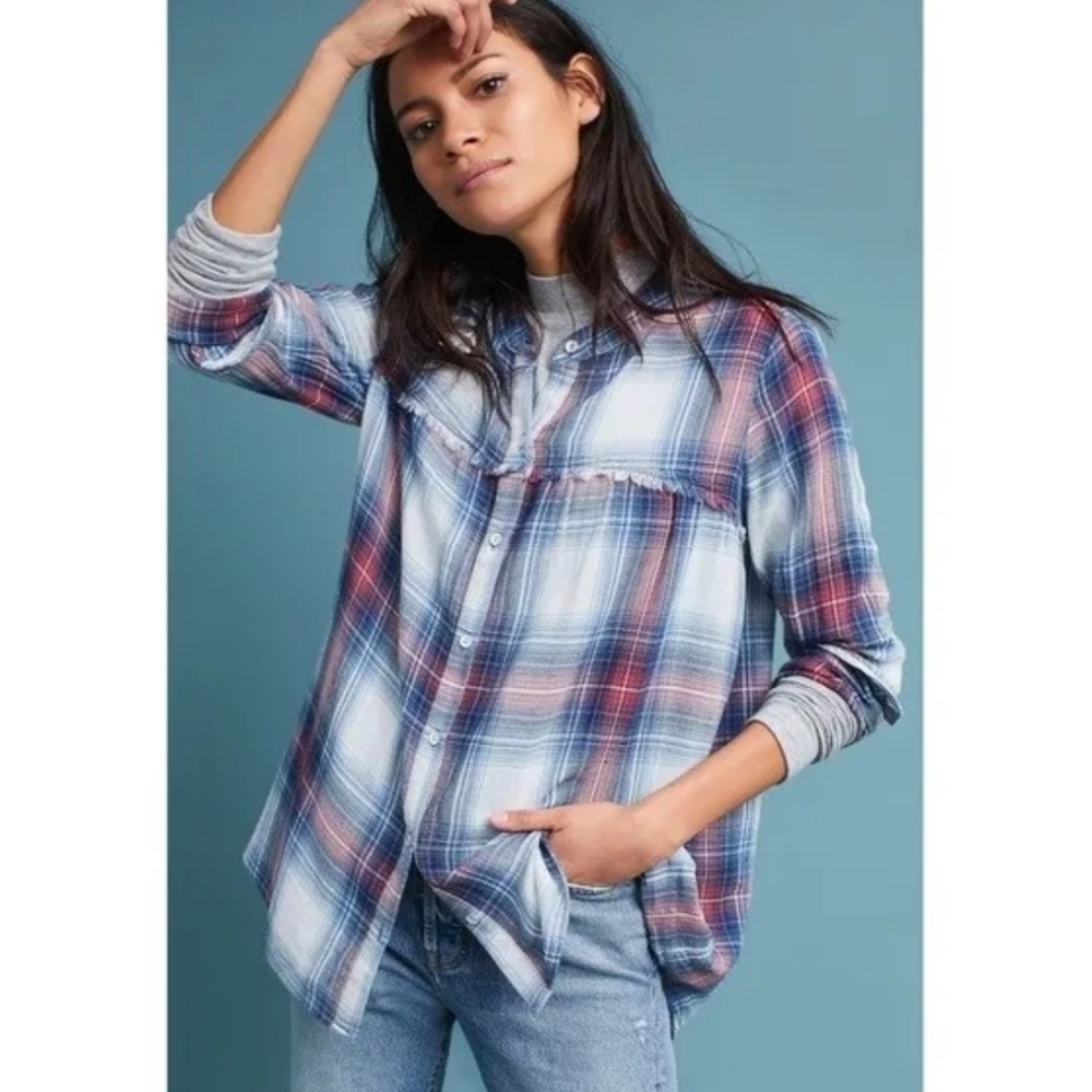Cloth and Stone by Anthropologie‎ Plaid Fringe Swing Top Tunic Size XS
